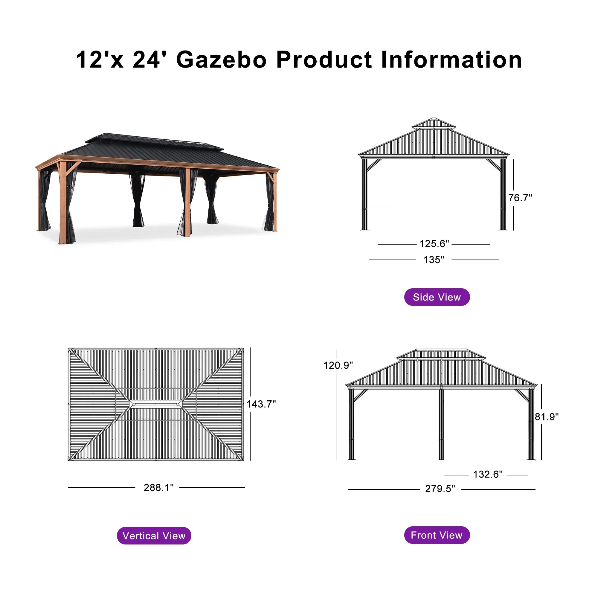 PURPLE LEAF Hardtop Gazebo for Patio Wood Grain Galvanized Steel Frame Awning with Netting - Image 112
