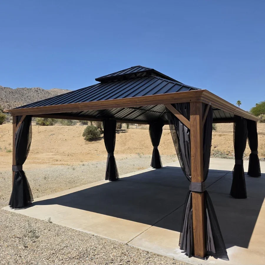 PURPLE LEAF Hardtop Gazebo for Patio Wood Grain Galvanized Steel Frame Awning with Netting - Image 113