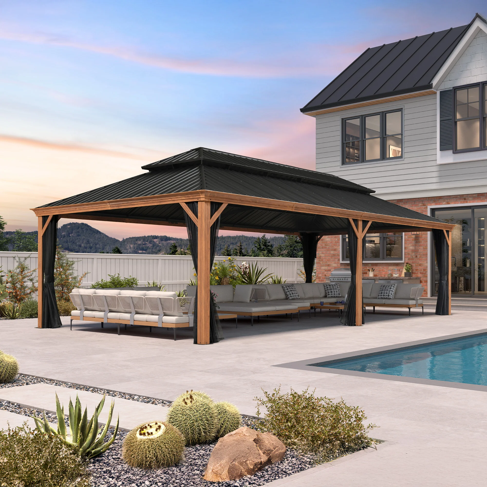 PURPLE LEAF Hardtop Gazebo for Patio Wood Grain Galvanized Steel Frame Awning with Netting - Image 120