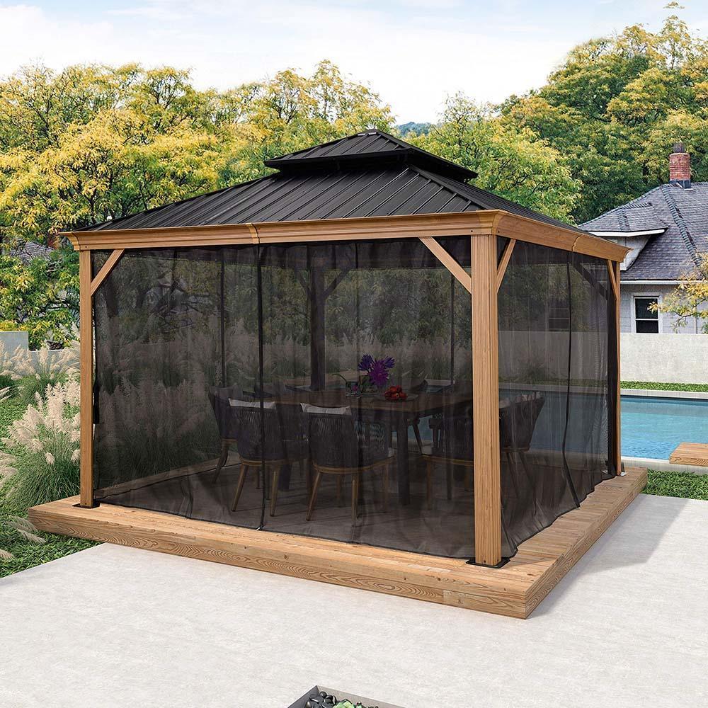 PURPLE LEAF Hardtop Gazebo for Patio Wood Grain Galvanized Steel Frame Awning with Netting - Image 13
