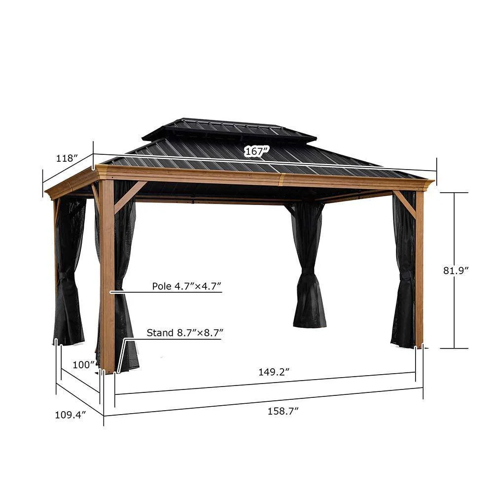 PURPLE LEAF Hardtop Gazebo for Patio Wood Grain Galvanized Steel Frame Awning with Netting - Image 22