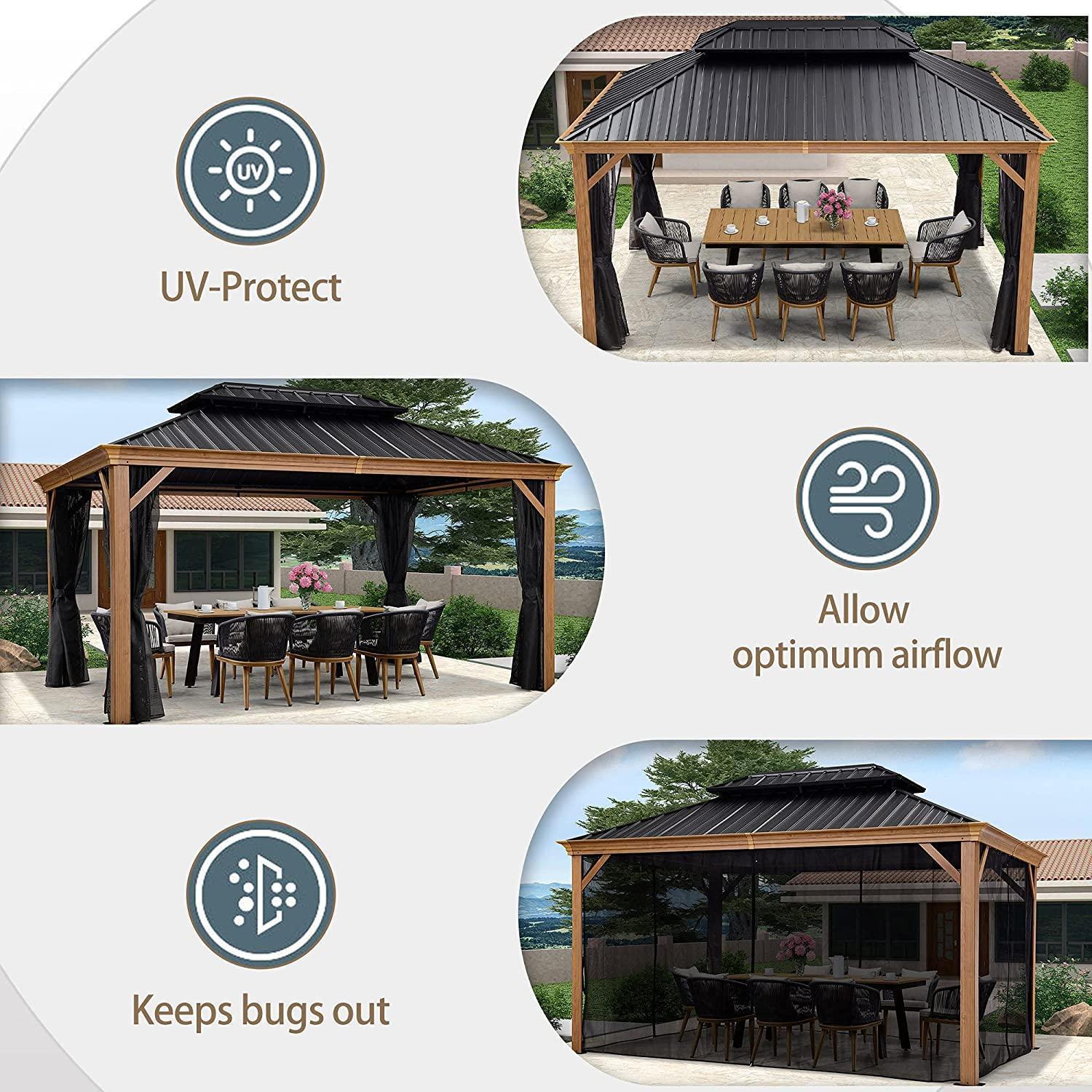 PURPLE LEAF Hardtop Gazebo for Patio Wood Grain Galvanized Steel Frame Awning with Netting - Image 27