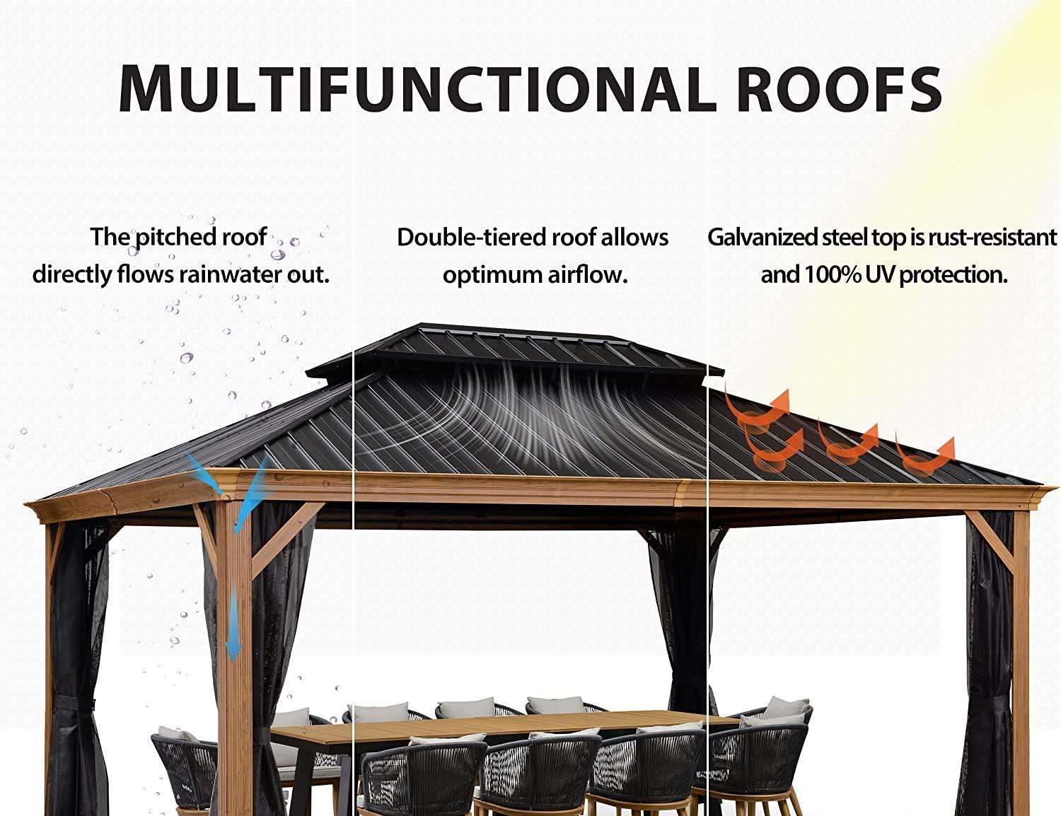 PURPLE LEAF Hardtop Gazebo for Patio Wood Grain Galvanized Steel Frame Awning with Netting - Image 31