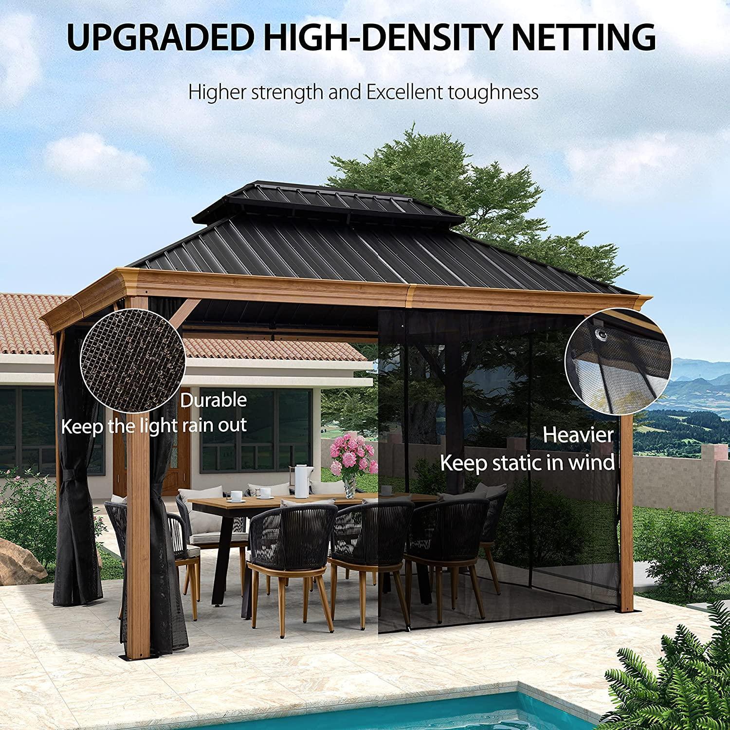 PURPLE LEAF Hardtop Gazebo for Patio Wood Grain Galvanized Steel Frame Awning with Netting - Image 35