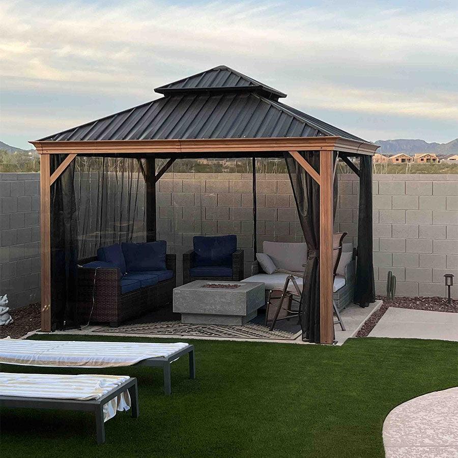 PURPLE LEAF Hardtop Gazebo for Patio Wood Grain Galvanized Steel Frame Awning with Netting - Image 4