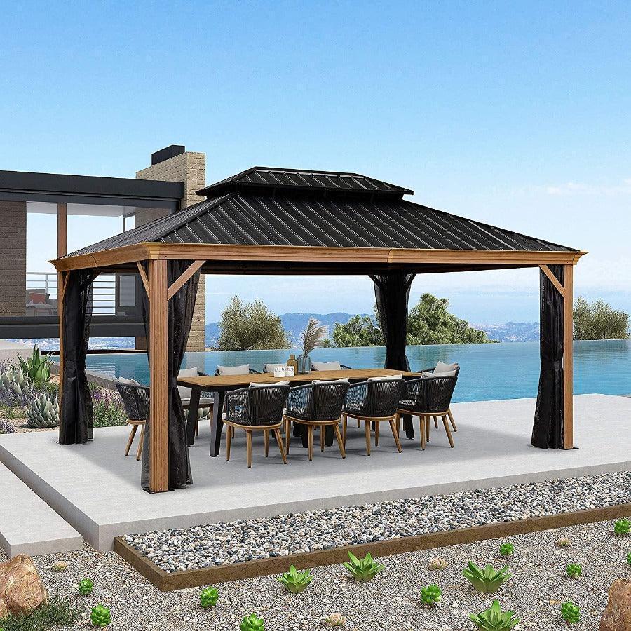 PURPLE LEAF Hardtop Gazebo for Patio Wood Grain Galvanized Steel Frame Awning with Netting - Image 5