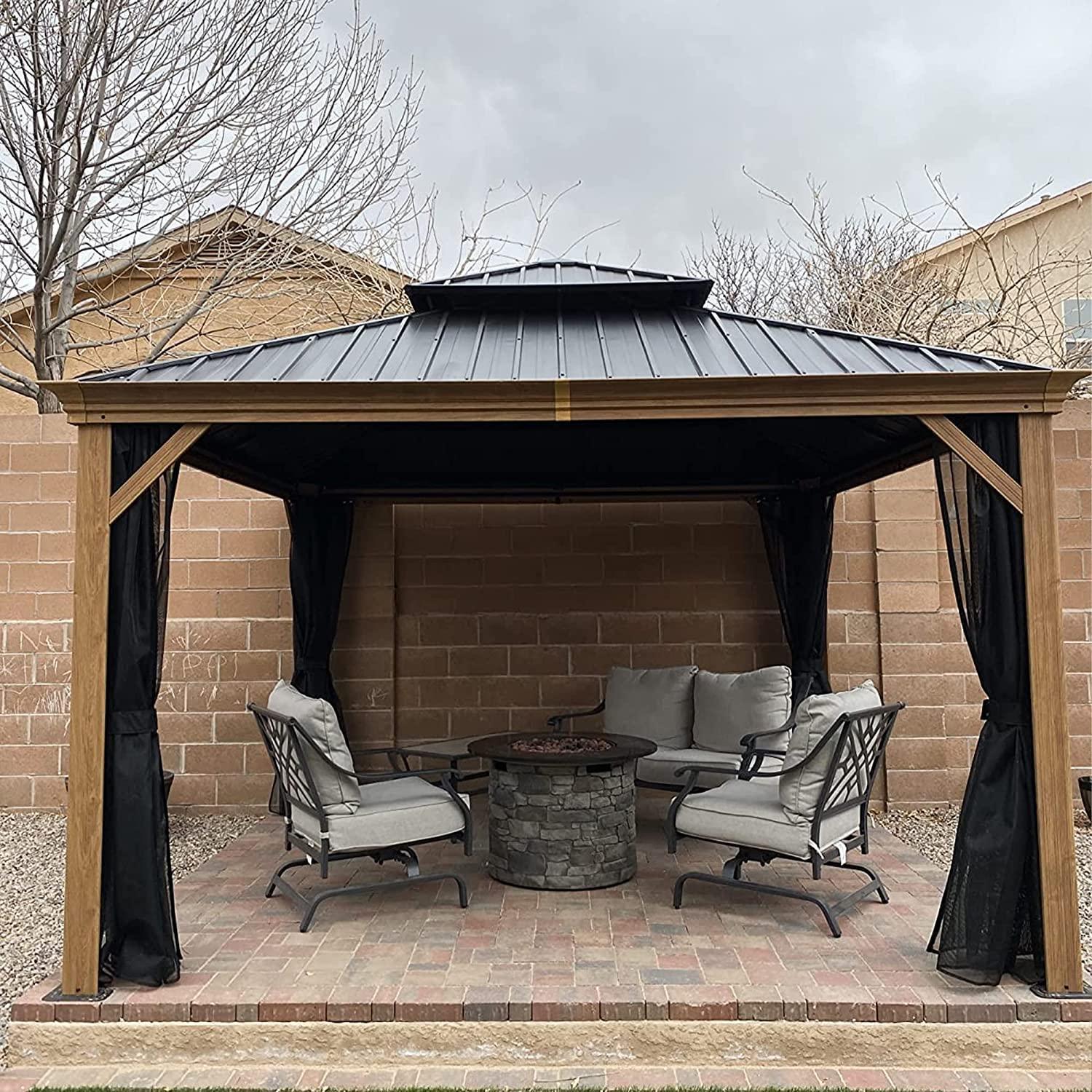 PURPLE LEAF Hardtop Gazebo for Patio Wood Grain Galvanized Steel Frame Awning with Netting - Image 54