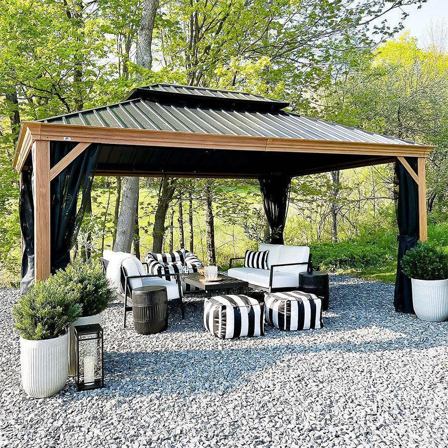 PURPLE LEAF Hardtop Gazebo for Patio Wood Grain Galvanized Steel Frame Awning with Netting - Image 56