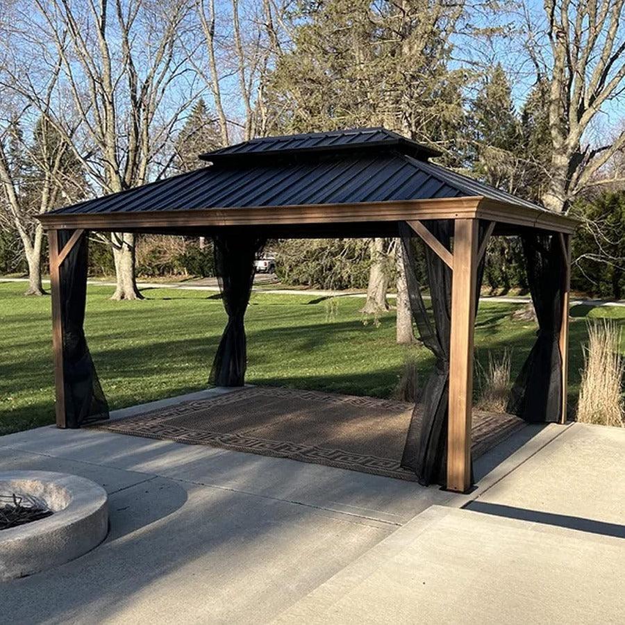 PURPLE LEAF Hardtop Gazebo for Patio Wood Grain Galvanized Steel Frame Awning with Netting - Image 7