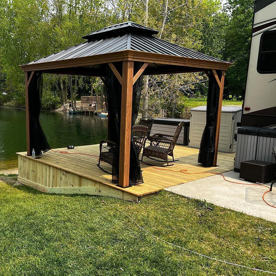 PURPLE LEAF Hardtop Gazebo for Patio Wood Grain Galvanized Steel Frame Awning with Netting - Image 74