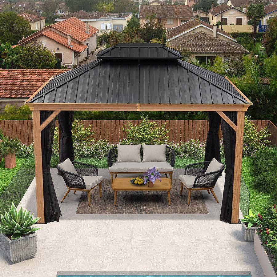 PURPLE LEAF Hardtop Gazebo for Patio Wood Grain Galvanized Steel Frame Awning with Netting - Image 8