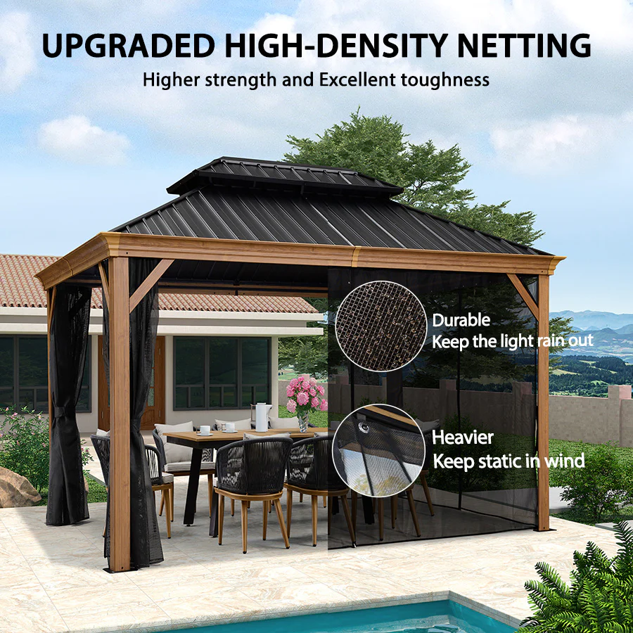 PURPLE LEAF Hardtop Gazebo for Patio Wood Grain Galvanized Steel Frame Awning with Netting - Image 88