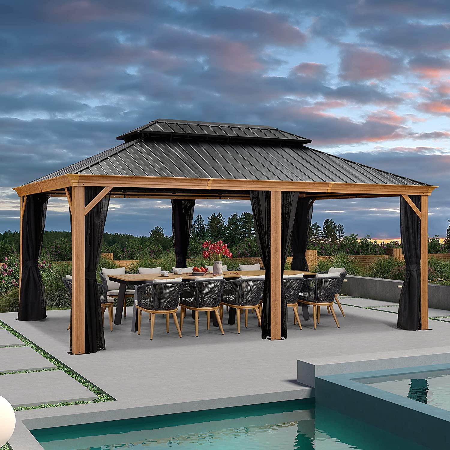 PURPLE LEAF Hardtop Gazebo for Patio Wood Grain Galvanized Steel Frame Awning with Netting - Image 9