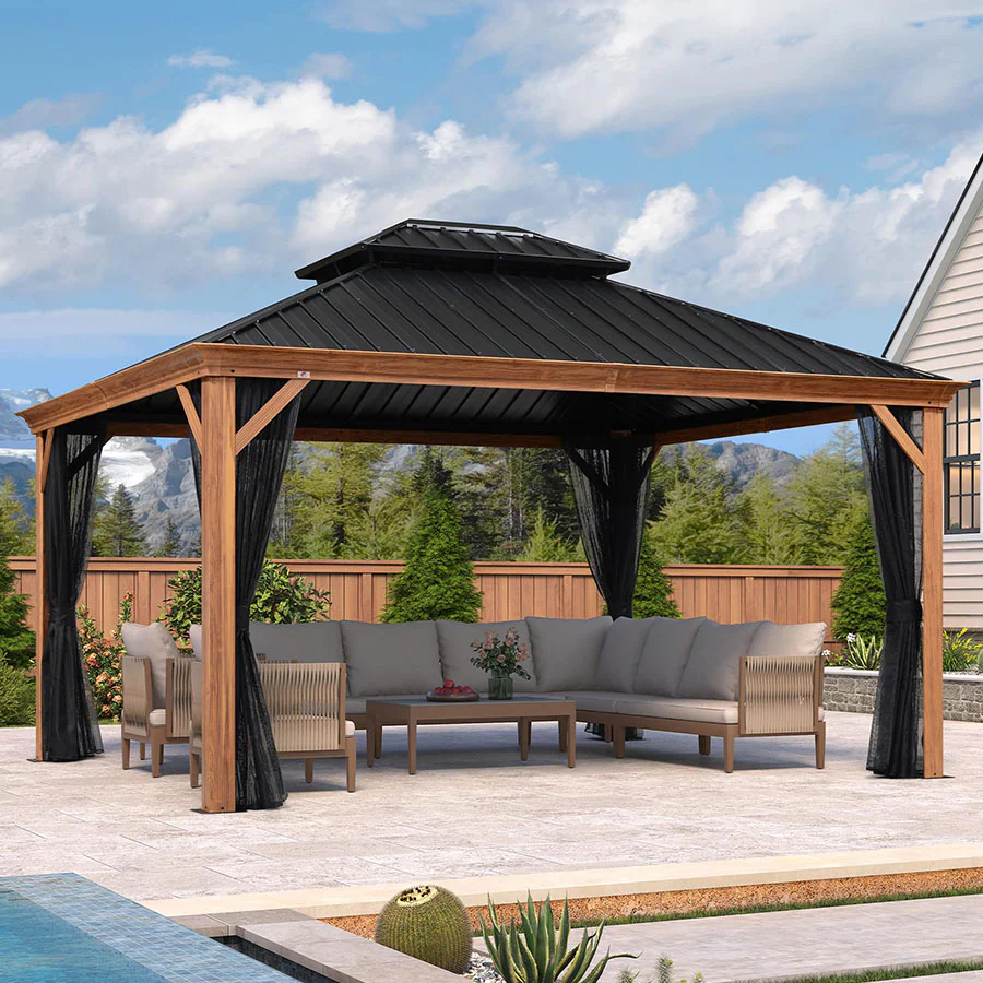 PURPLE LEAF Hardtop Gazebo for Patio Wood Grain Galvanized Steel Frame Awning with Netting - Image 94