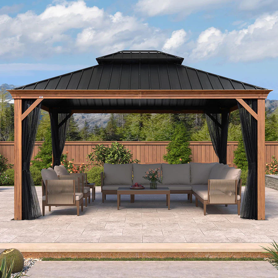 PURPLE LEAF Hardtop Gazebo for Patio Wood Grain Galvanized Steel Frame Awning with Netting - Image 96
