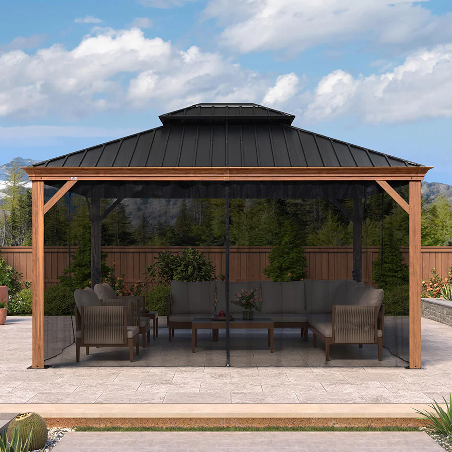 PURPLE LEAF Hardtop Gazebo for Patio Wood Grain Galvanized Steel Frame Awning with Netting - Image 97