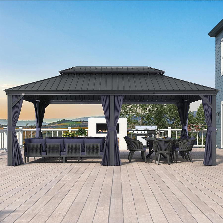 PURPLE LEAF Outdoor Hardtop Gazebo for Patio Grey Aluminum Frame Pavilion with Navy-Blue Curtain - Image 40