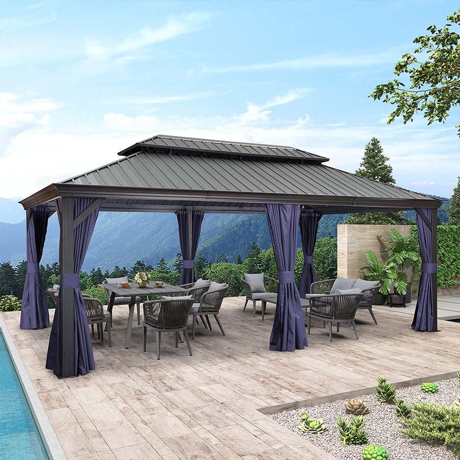 PURPLE LEAF Outdoor Hardtop Gazebo for Patio Grey Aluminum Frame Pavilion with Navy-Blue Curtain - Image 6