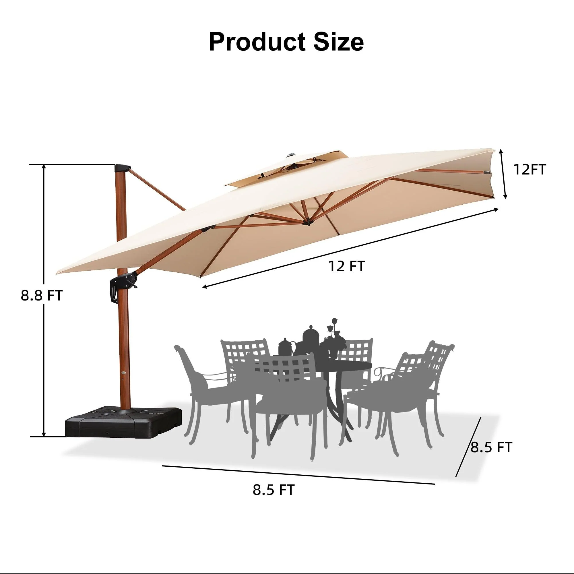 PURPLE LEAF Outdoor Garden Umbrella with Base, Cantilever Umbrellas in Wood Color - Image 104