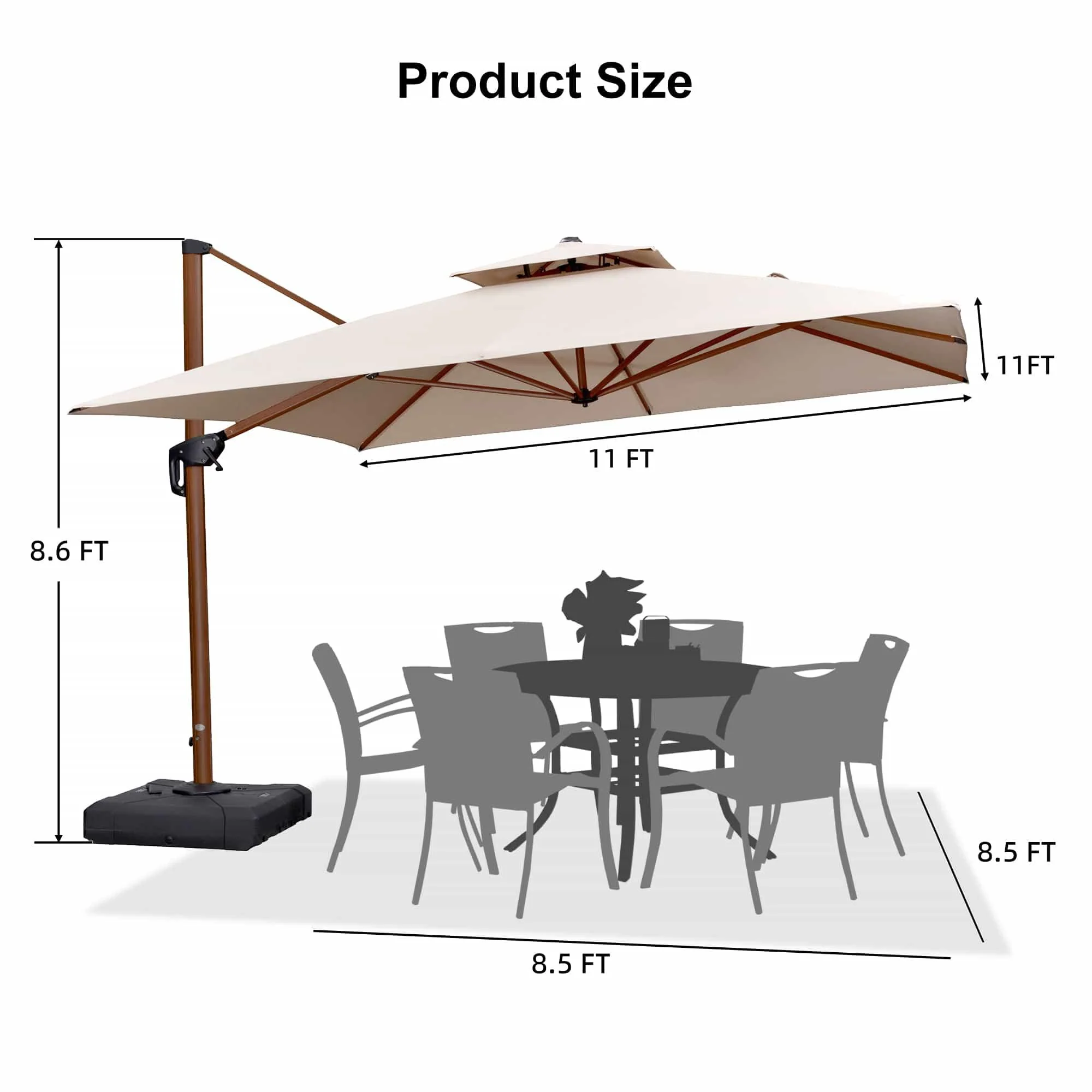 PURPLE LEAF Outdoor Garden Umbrella with Base, Cantilever Umbrellas in Wood Color - Image 106