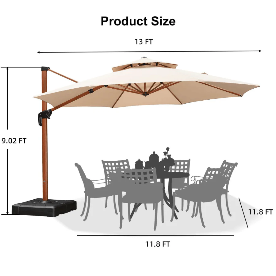 PURPLE LEAF Outdoor Garden Umbrella with Base, Cantilever Umbrellas in Wood Color - Image 112