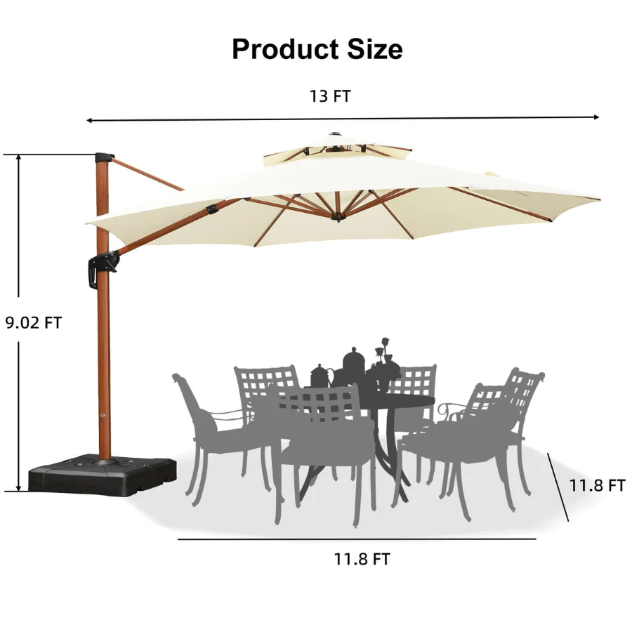 PURPLE LEAF Outdoor Garden Umbrella with Base, Cantilever Umbrellas in Wood Color - Image 113
