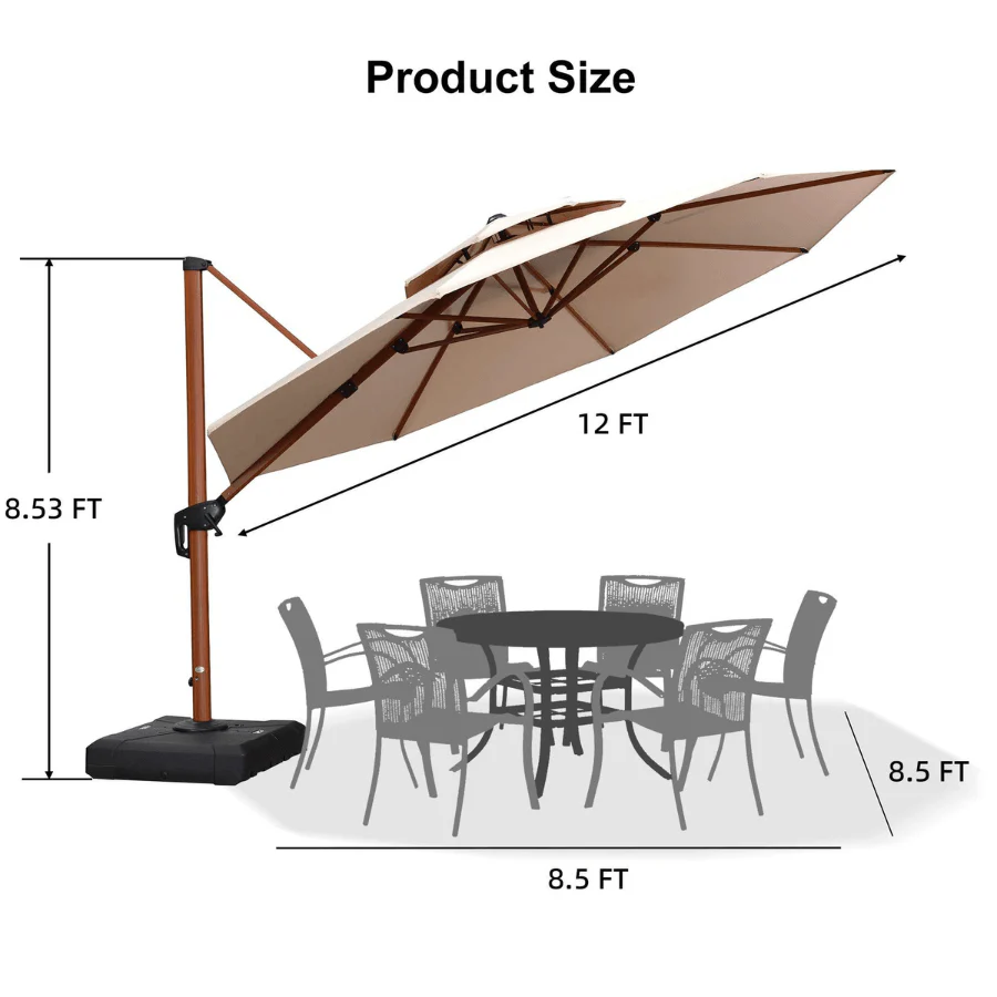 PURPLE LEAF Outdoor Garden Umbrella with Base, Cantilever Umbrellas in Wood Color - Image 114