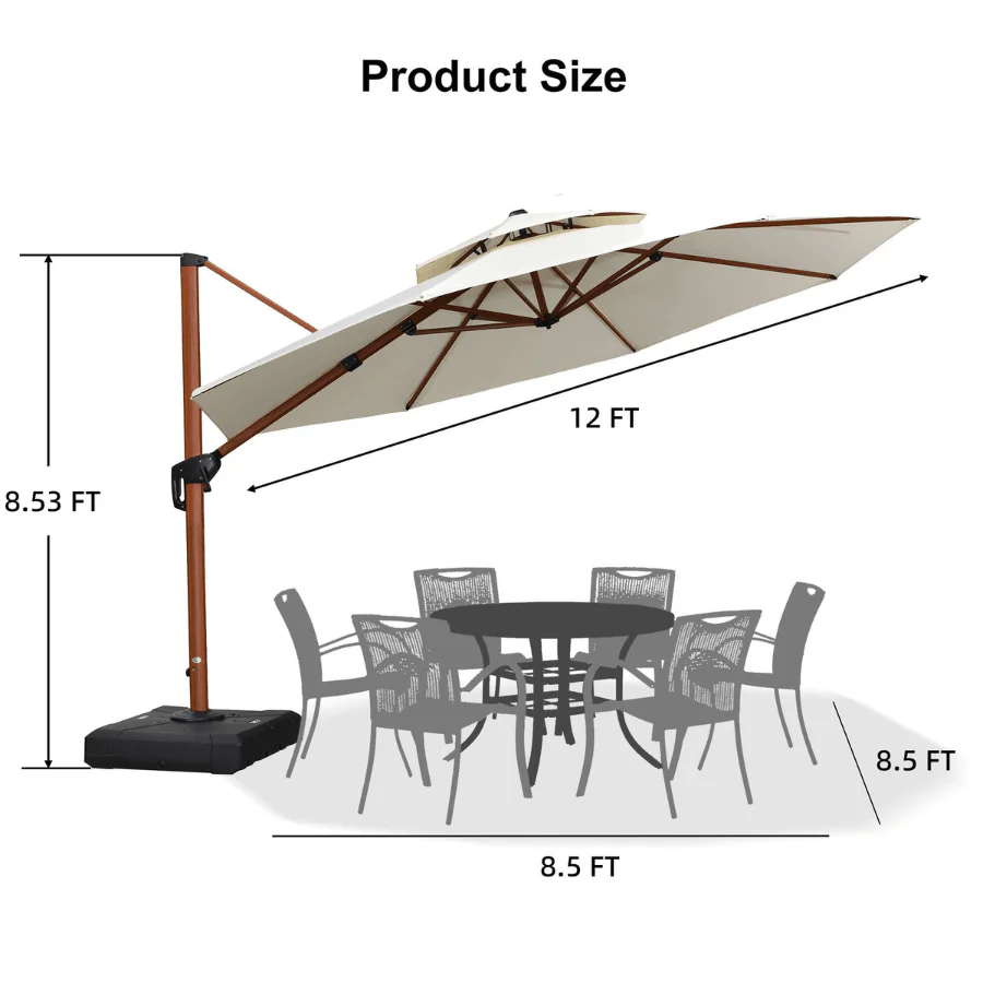 PURPLE LEAF Outdoor Garden Umbrella with Base, Cantilever Umbrellas in Wood Color - Image 115