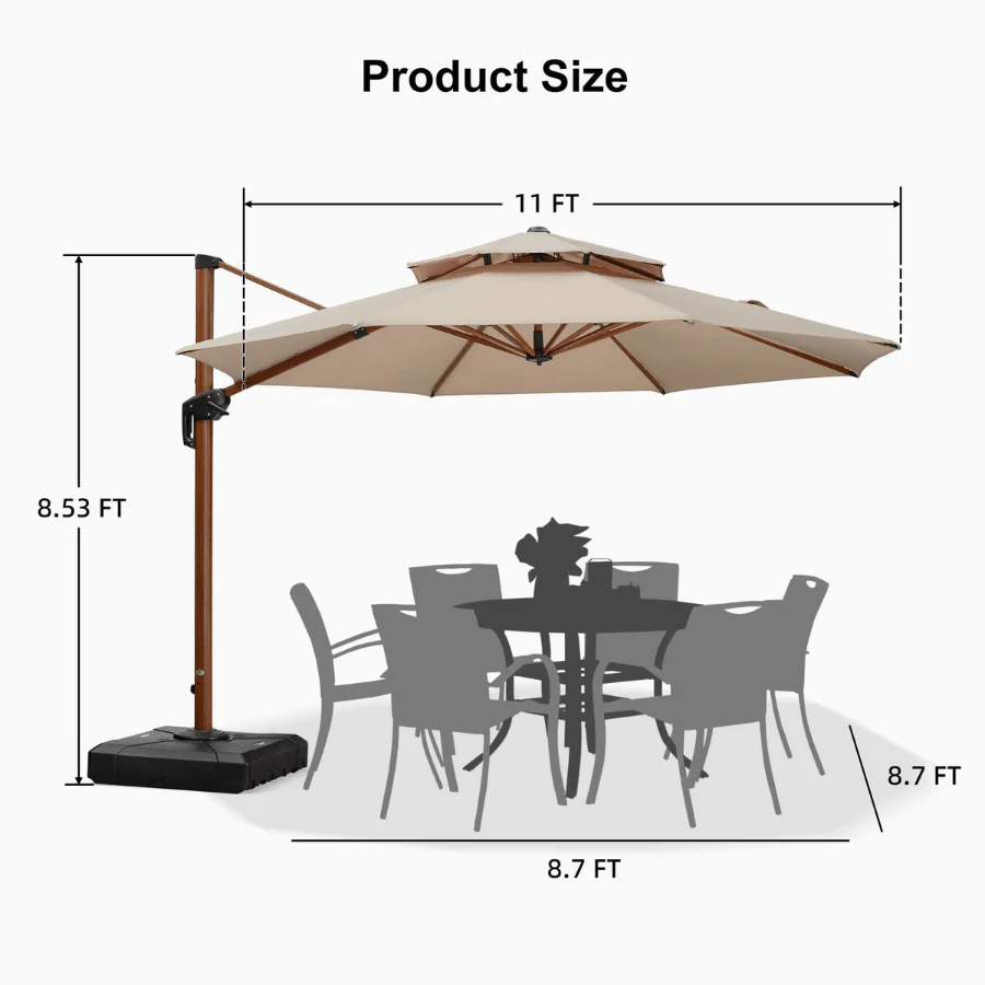 PURPLE LEAF Outdoor Garden Umbrella with Base, Cantilever Umbrellas in Wood Color - Image 116