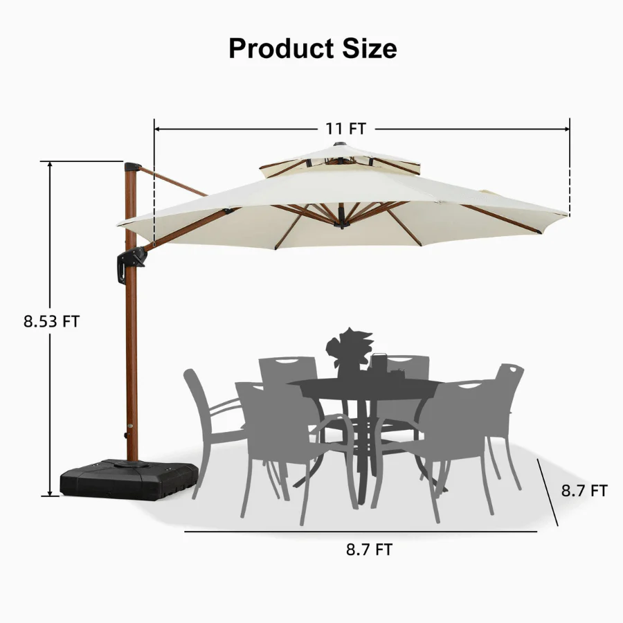 PURPLE LEAF Outdoor Garden Umbrella with Base, Cantilever Umbrellas in Wood Color - Image 117