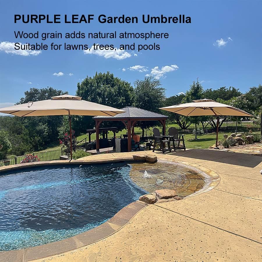 PURPLE LEAF Outdoor Garden Umbrella with Base, Cantilever Umbrellas in Wood Color - Image 120