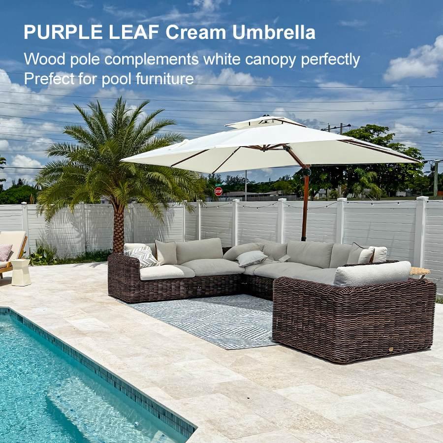 PURPLE LEAF Outdoor Garden Umbrella with Base, Cantilever Umbrellas in Wood Color - Image 122