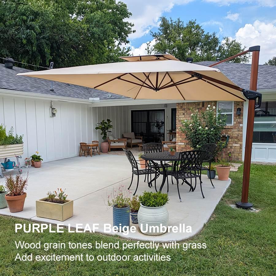 PURPLE LEAF Outdoor Garden Umbrella with Base, Cantilever Umbrellas in Wood Color - Image 123