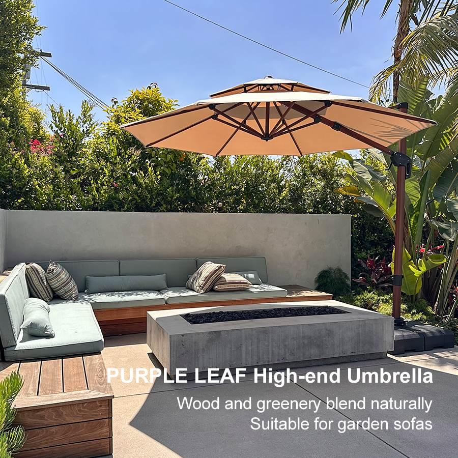 PURPLE LEAF Outdoor Garden Umbrella with Base, Cantilever Umbrellas in Wood Color - Image 124
