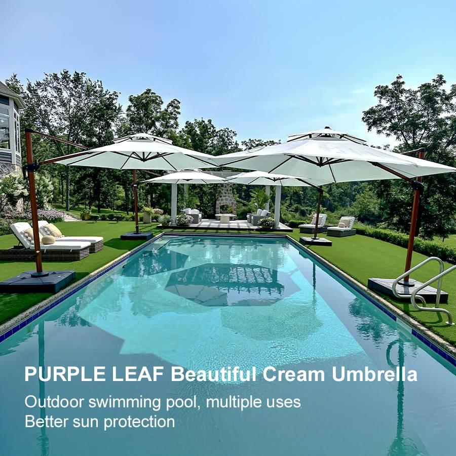PURPLE LEAF Outdoor Garden Umbrella with Base, Cantilever Umbrellas in Wood Color - Image 125