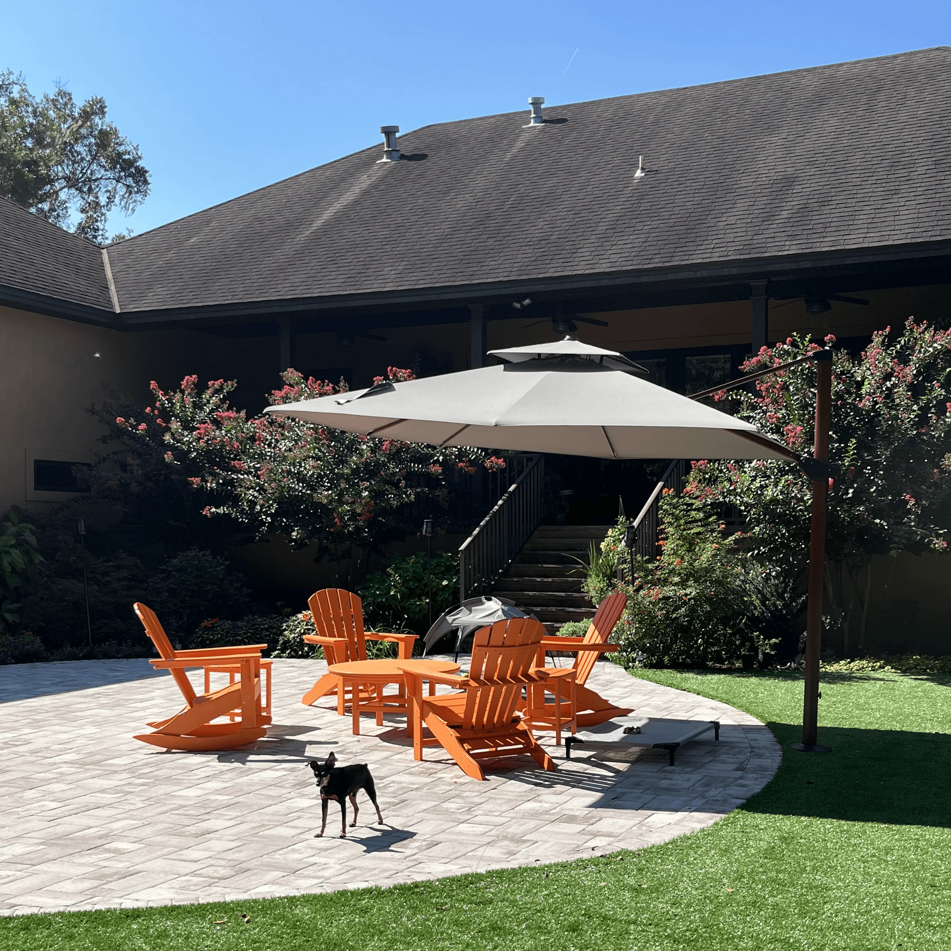 PURPLE LEAF Outdoor Garden Umbrella with Base, Cantilever Umbrellas in Wood Color - Image 13