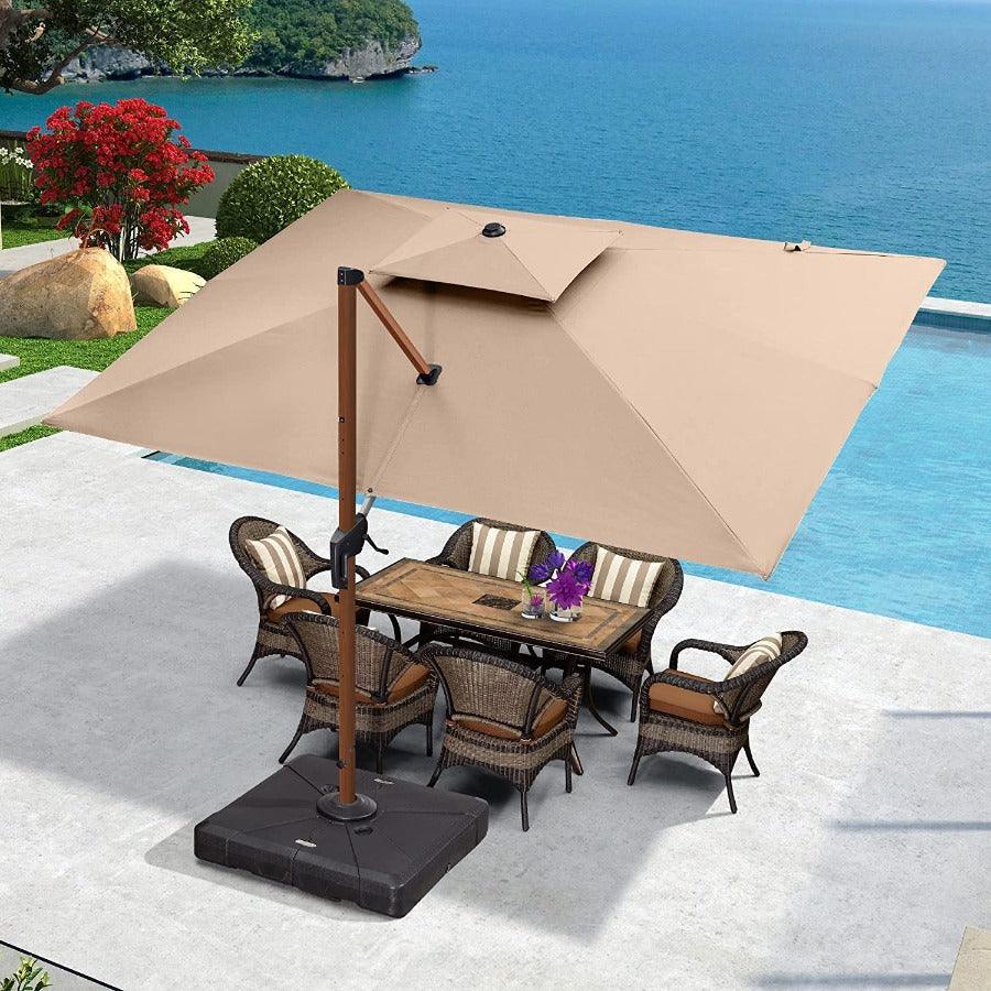 PURPLE LEAF Outdoor Garden Umbrella with Base, Cantilever Umbrellas in Wood Color - Image 14