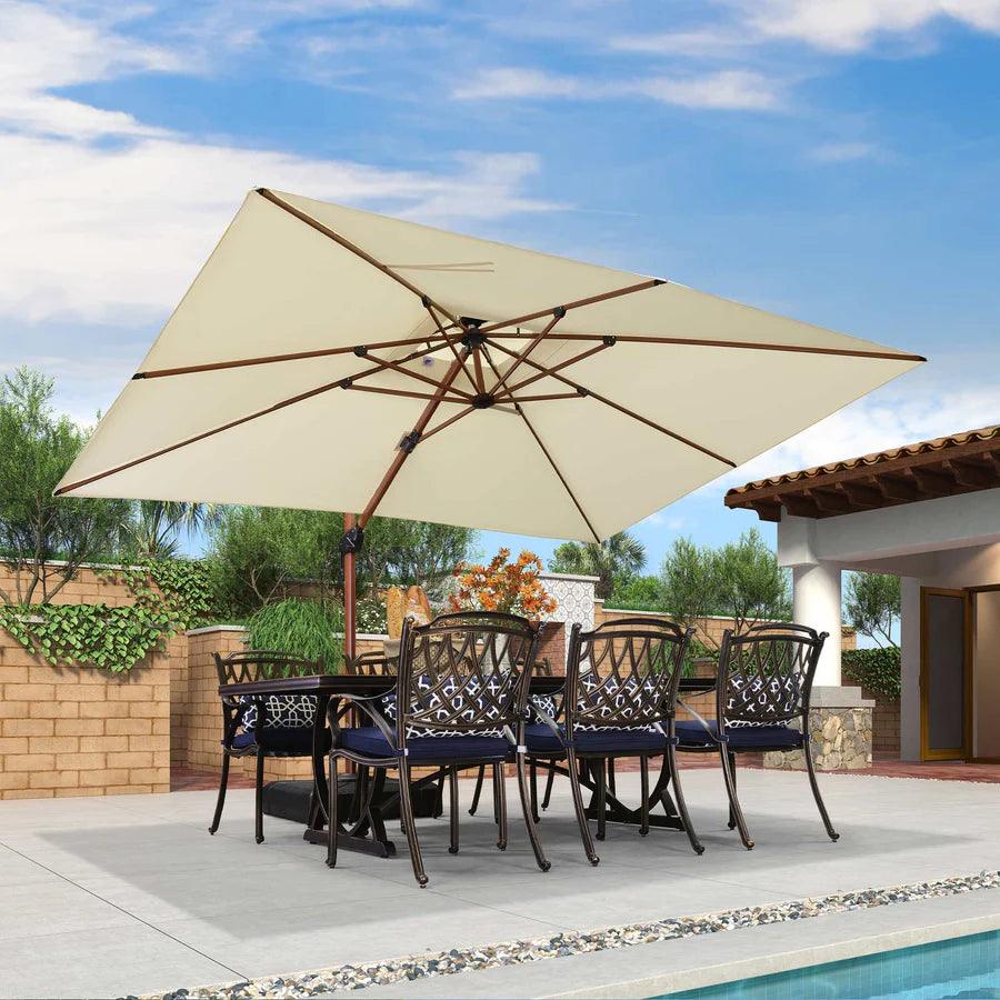 PURPLE LEAF Outdoor Garden Umbrella with Base, Cantilever Umbrellas in Wood Color - Image 15