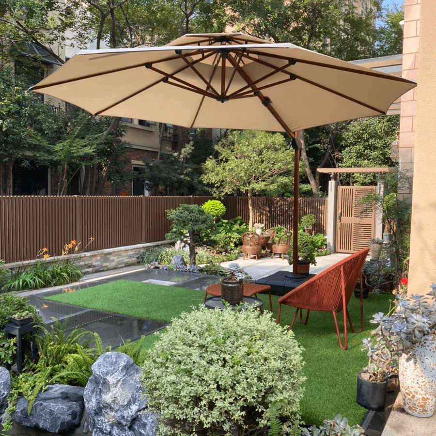PURPLE LEAF Outdoor Garden Umbrella with Base, Cantilever Umbrellas in Wood Color - Image 22