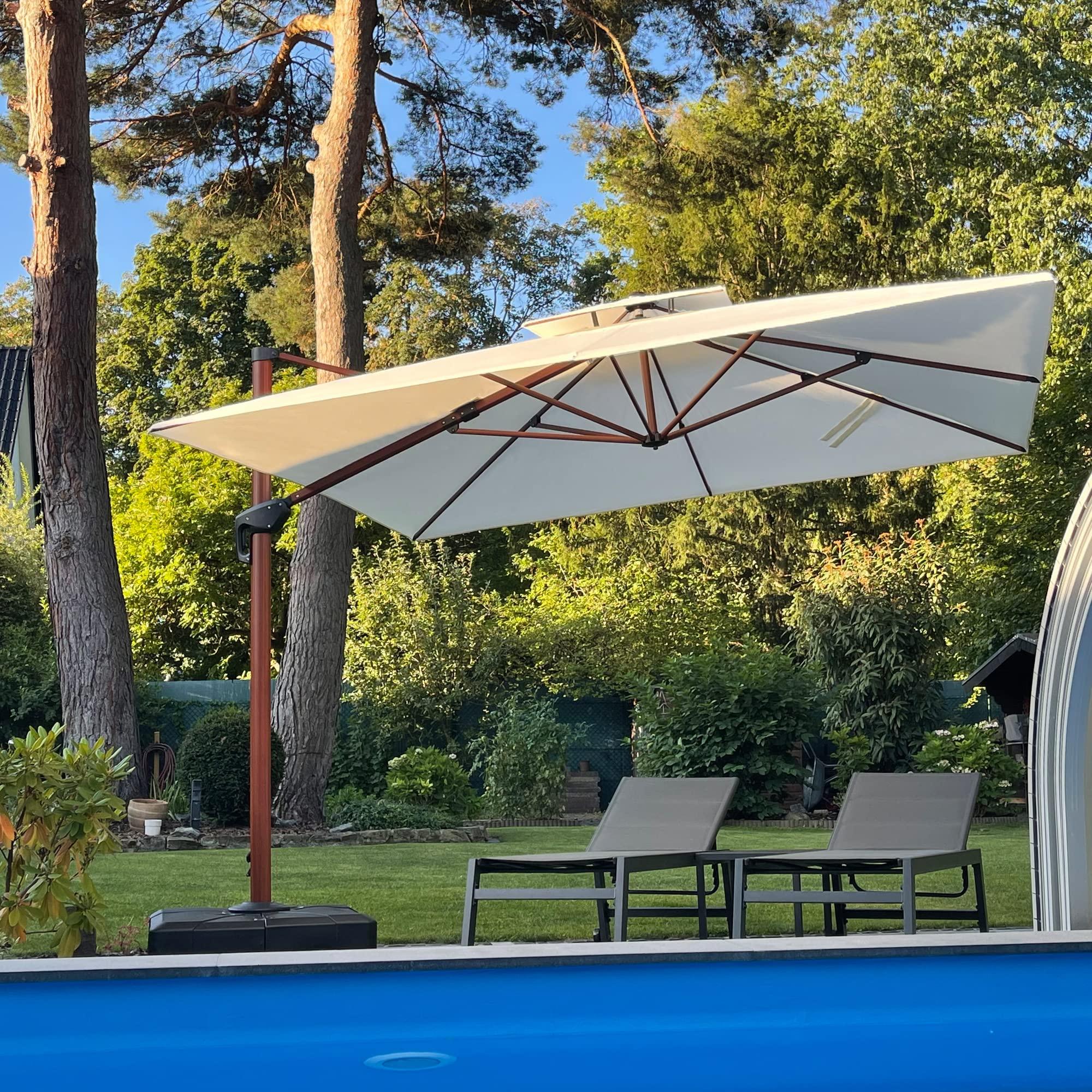 PURPLE LEAF Outdoor Garden Umbrella with Base, Cantilever Umbrellas in Wood Color - Image 23