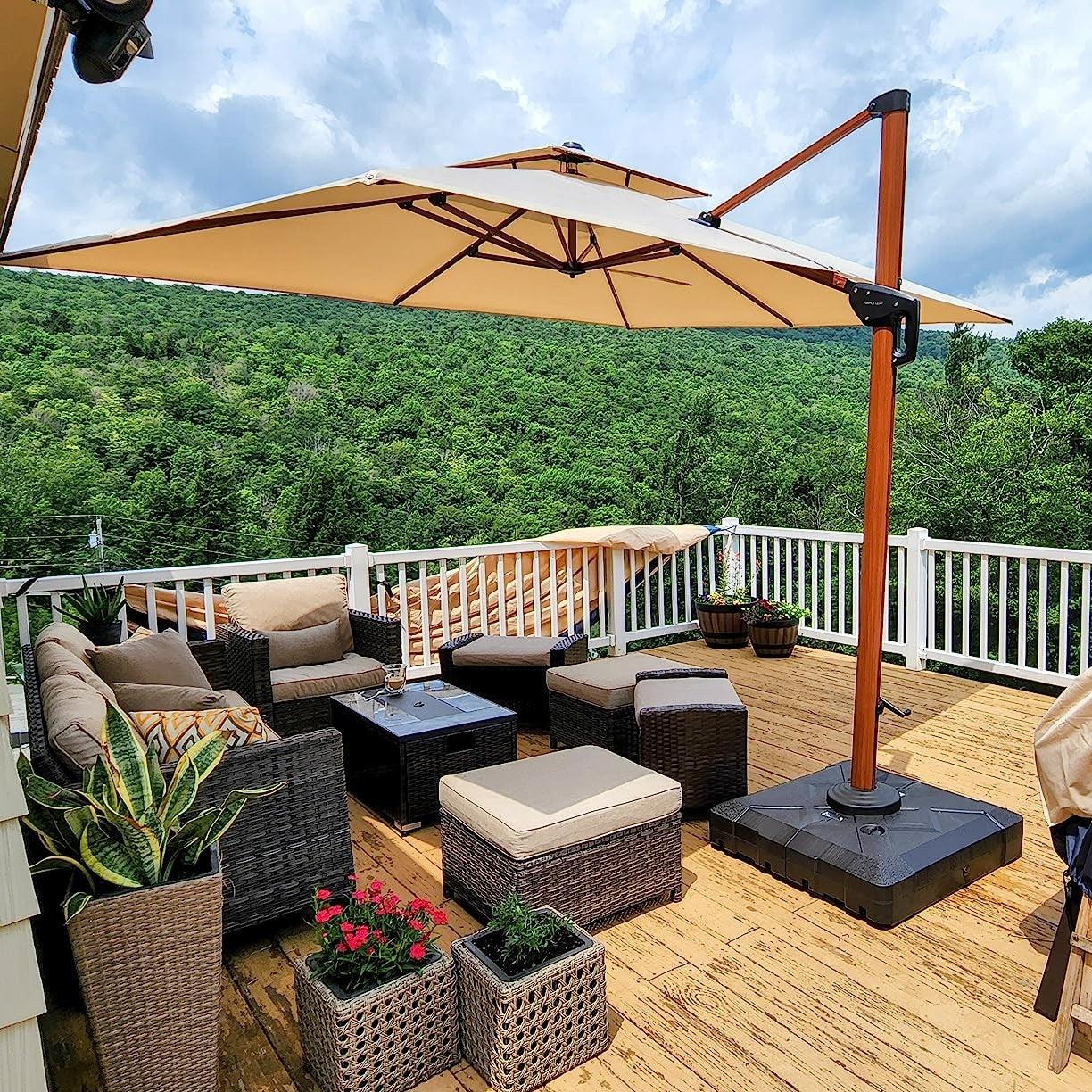 PURPLE LEAF Outdoor Garden Umbrella with Base, Cantilever Umbrellas in Wood Color - Image 24
