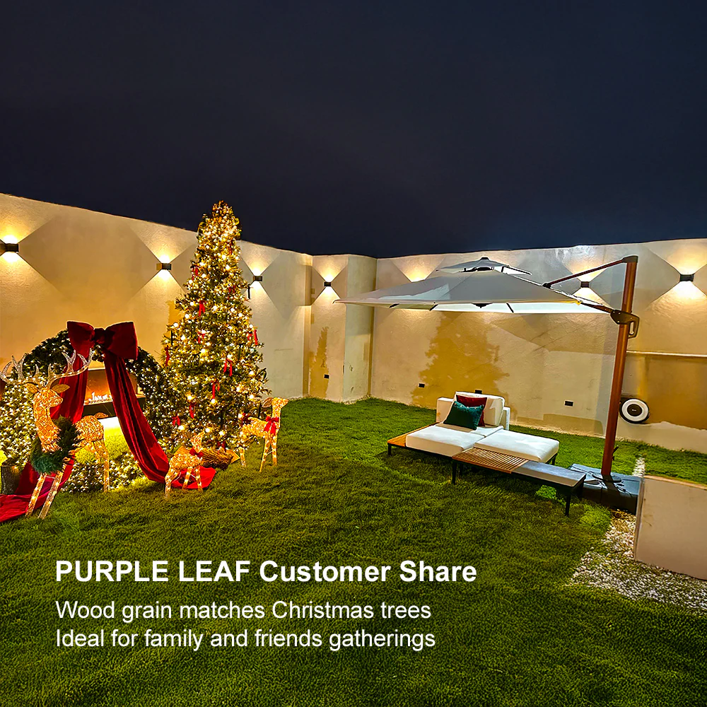 PURPLE LEAF Outdoor Garden Umbrella with Base, Cantilever Umbrellas in Wood Color - Image 3