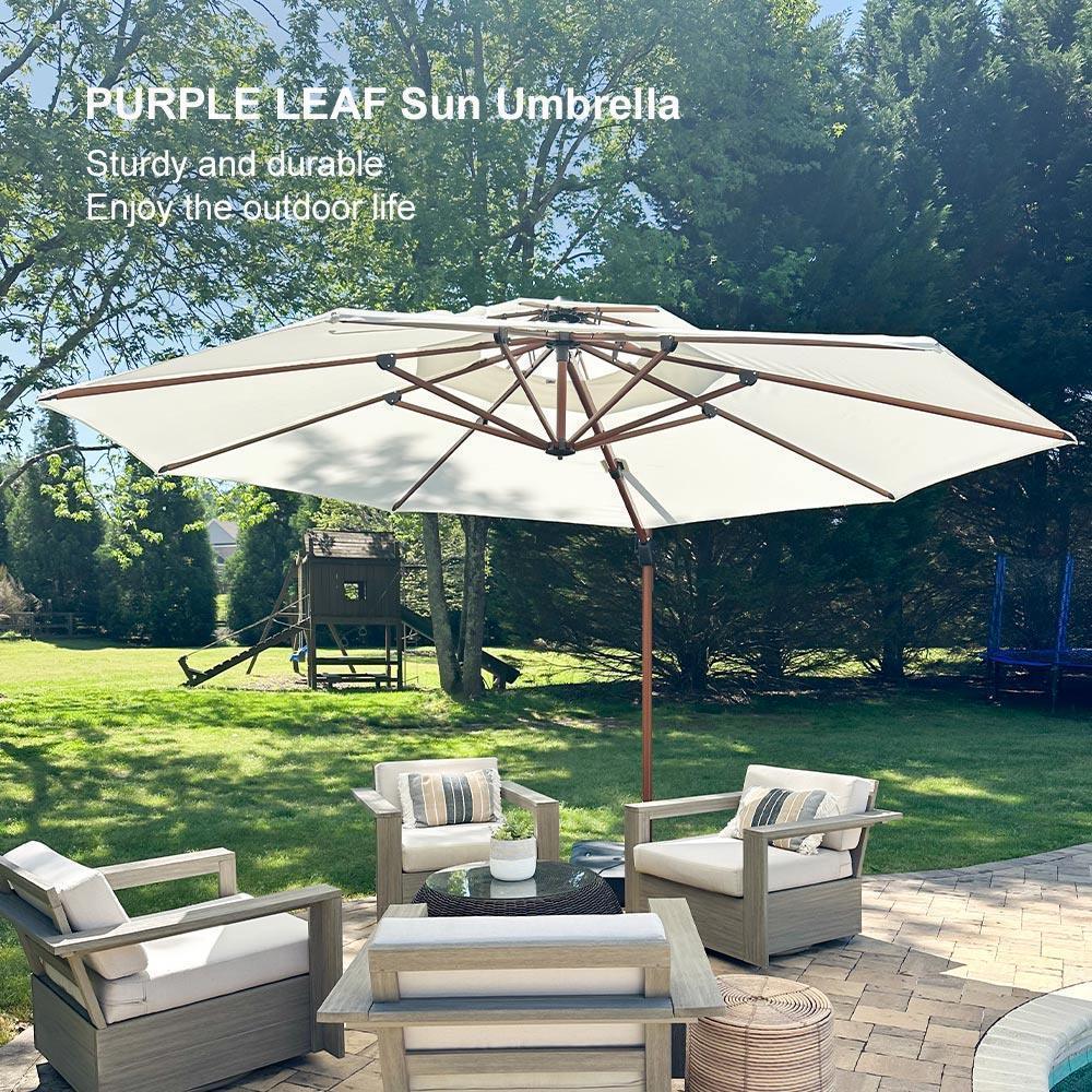 PURPLE LEAF Outdoor Garden Umbrella with Base, Cantilever Umbrellas in Wood Color - Image 36