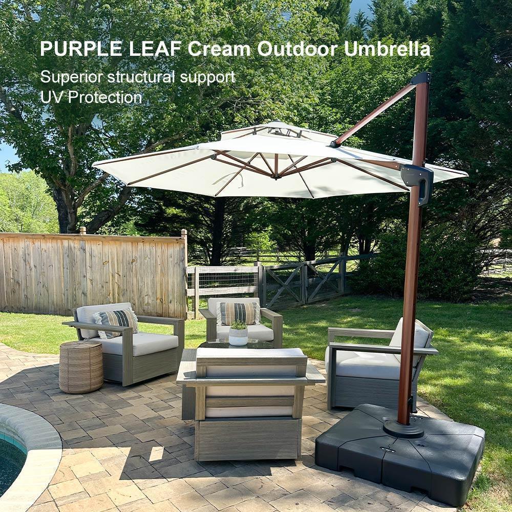 PURPLE LEAF Outdoor Garden Umbrella with Base, Cantilever Umbrellas in Wood Color - Image 37