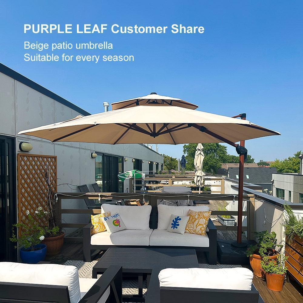 PURPLE LEAF Outdoor Garden Umbrella with Base, Cantilever Umbrellas in Wood Color - Image 39
