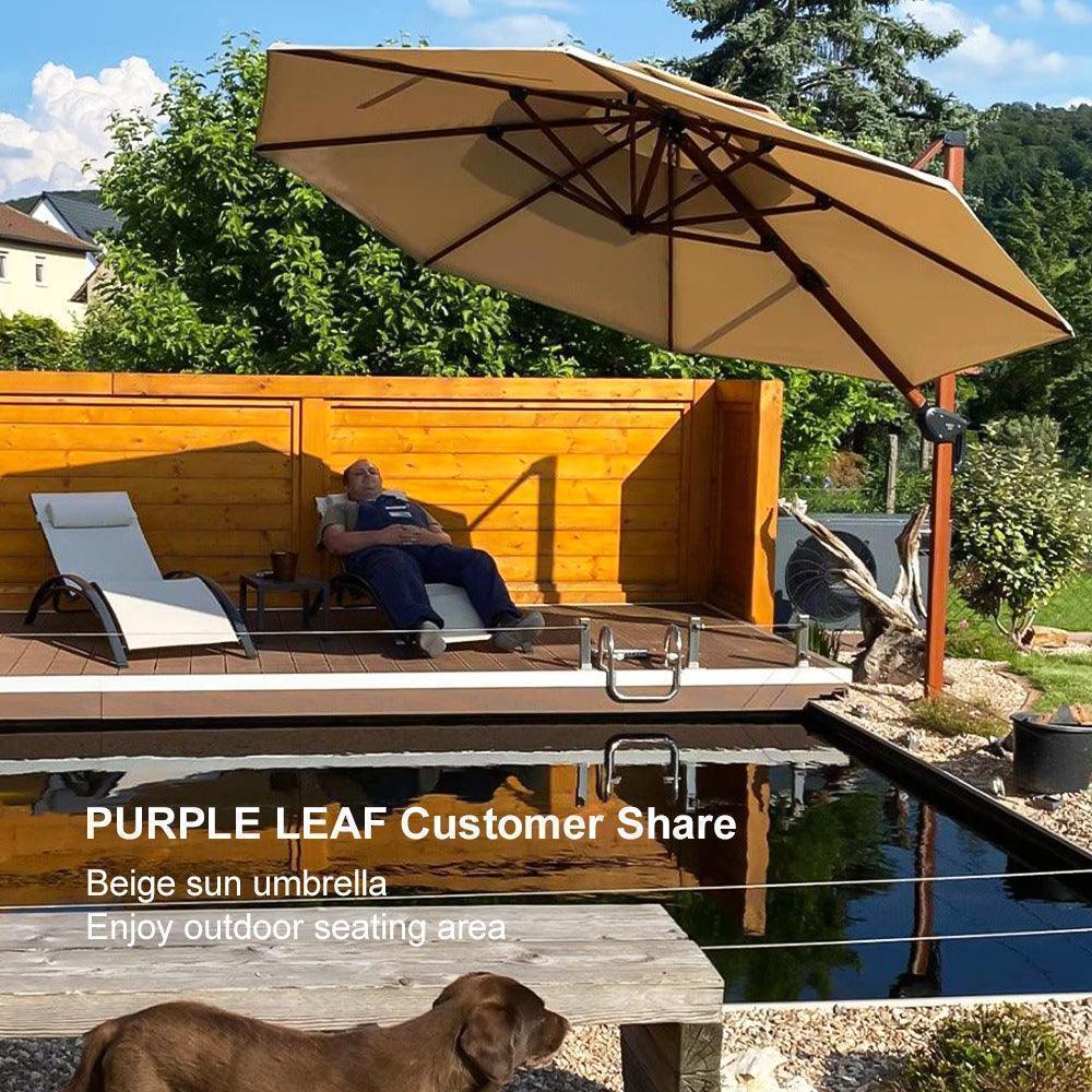 PURPLE LEAF Outdoor Garden Umbrella with Base, Cantilever Umbrellas in Wood Color - Image 40