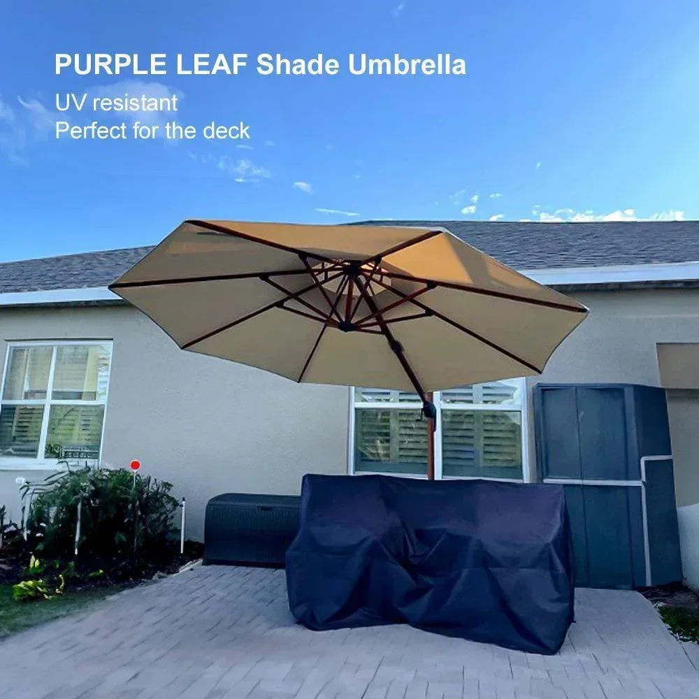 PURPLE LEAF Outdoor Garden Umbrella with Base, Cantilever Umbrellas in Wood Color - Image 41