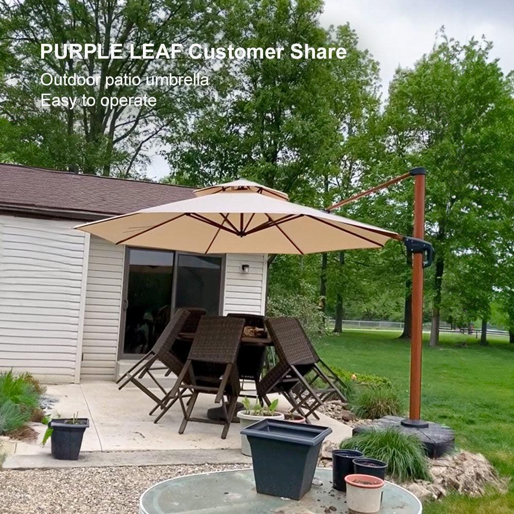 PURPLE LEAF Outdoor Garden Umbrella with Base, Cantilever Umbrellas in Wood Color - Image 43
