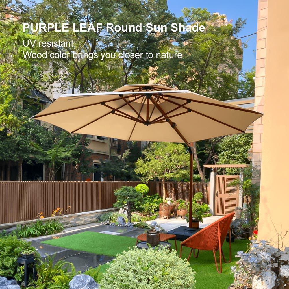 PURPLE LEAF Outdoor Garden Umbrella with Base, Cantilever Umbrellas in Wood Color - Image 44