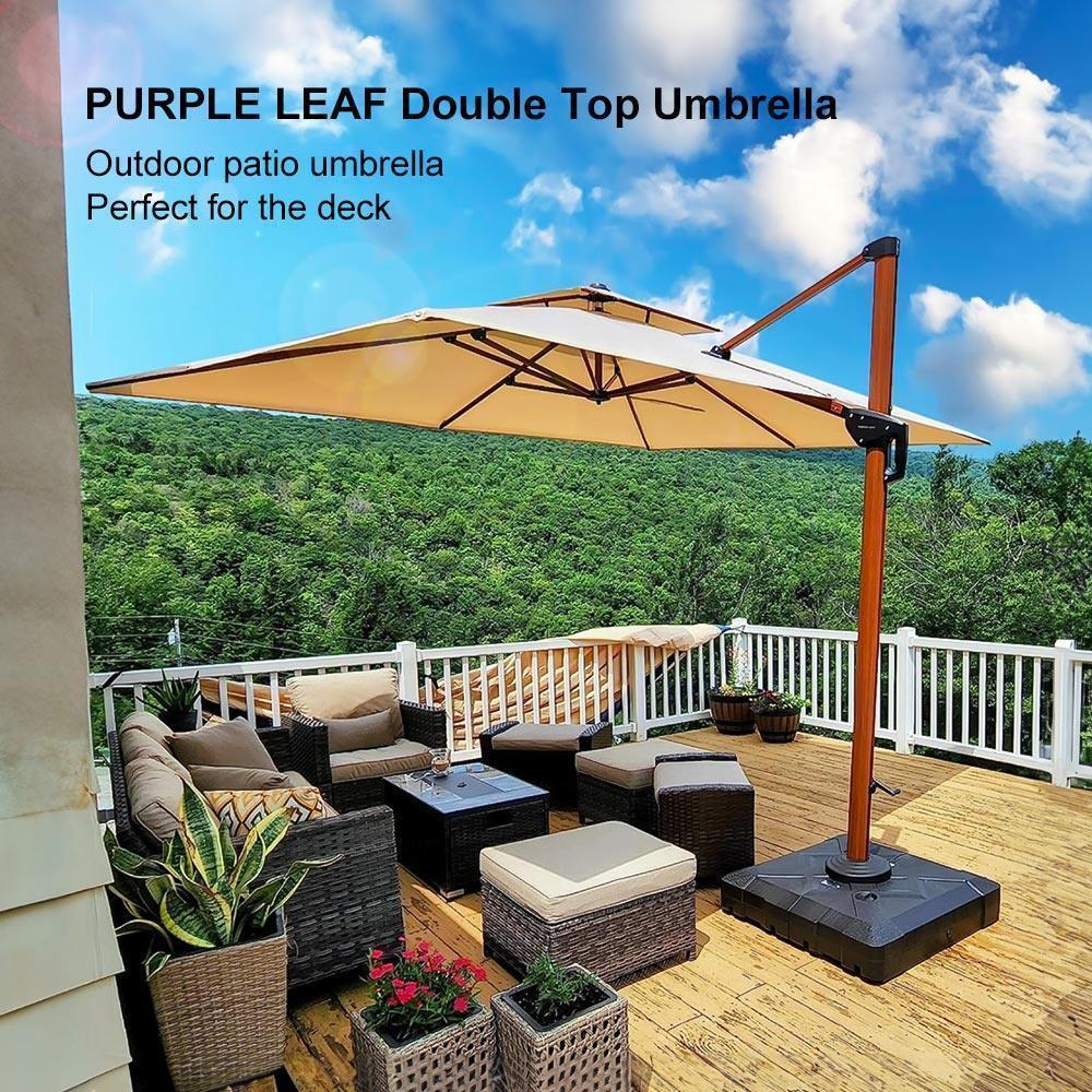 PURPLE LEAF Outdoor Garden Umbrella with Base, Cantilever Umbrellas in Wood Color - Image 45